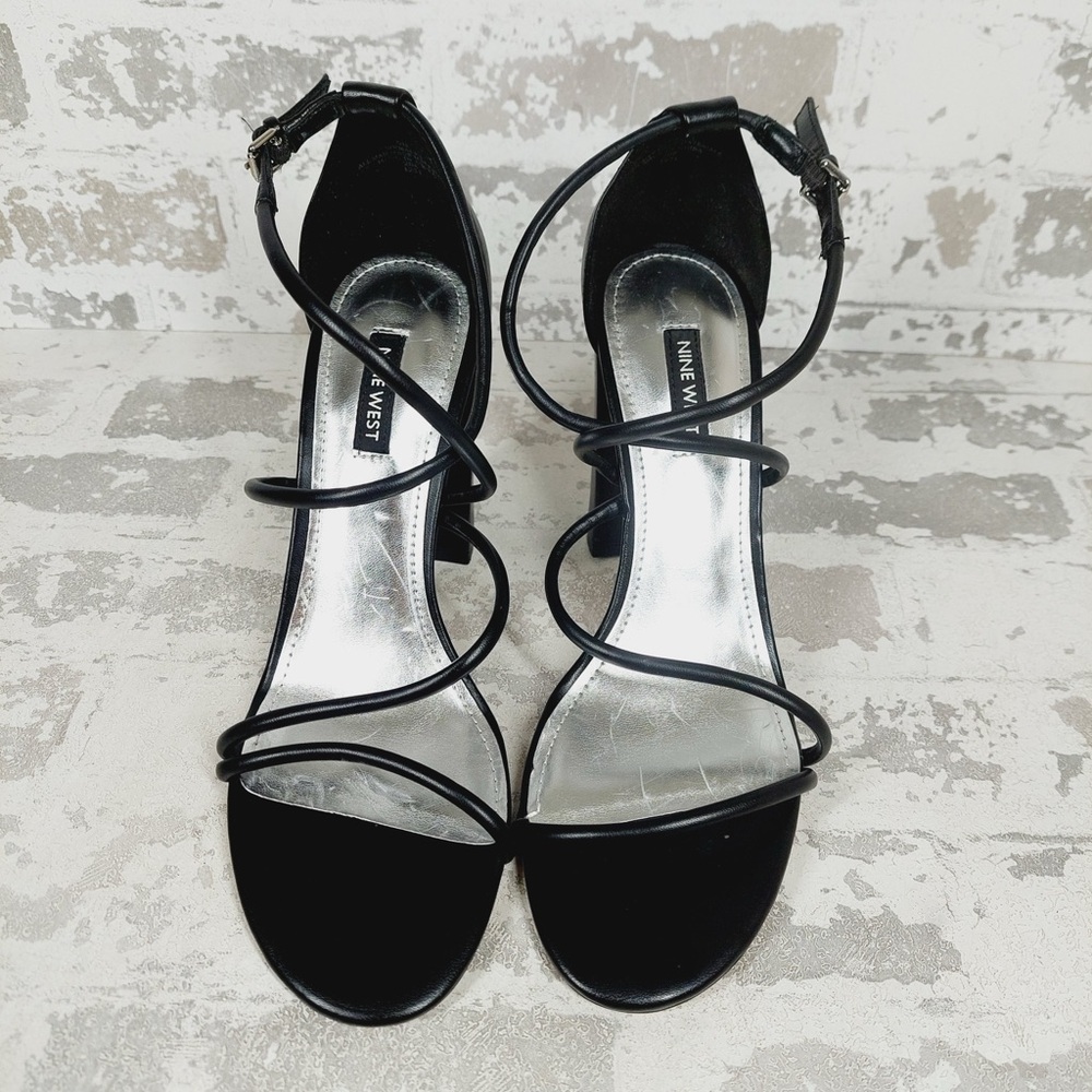 NEW Nine West Maer 3 Black Faux Leather Strappy Block Heels T116 - Picture 11 of 14